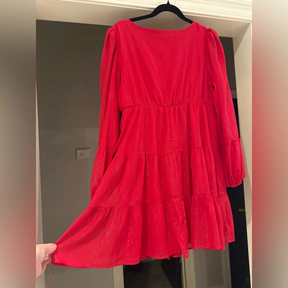 Crystal Doll Red Shimmer Ruffled tiered Women's Dress Size L - Picture 7 of 8